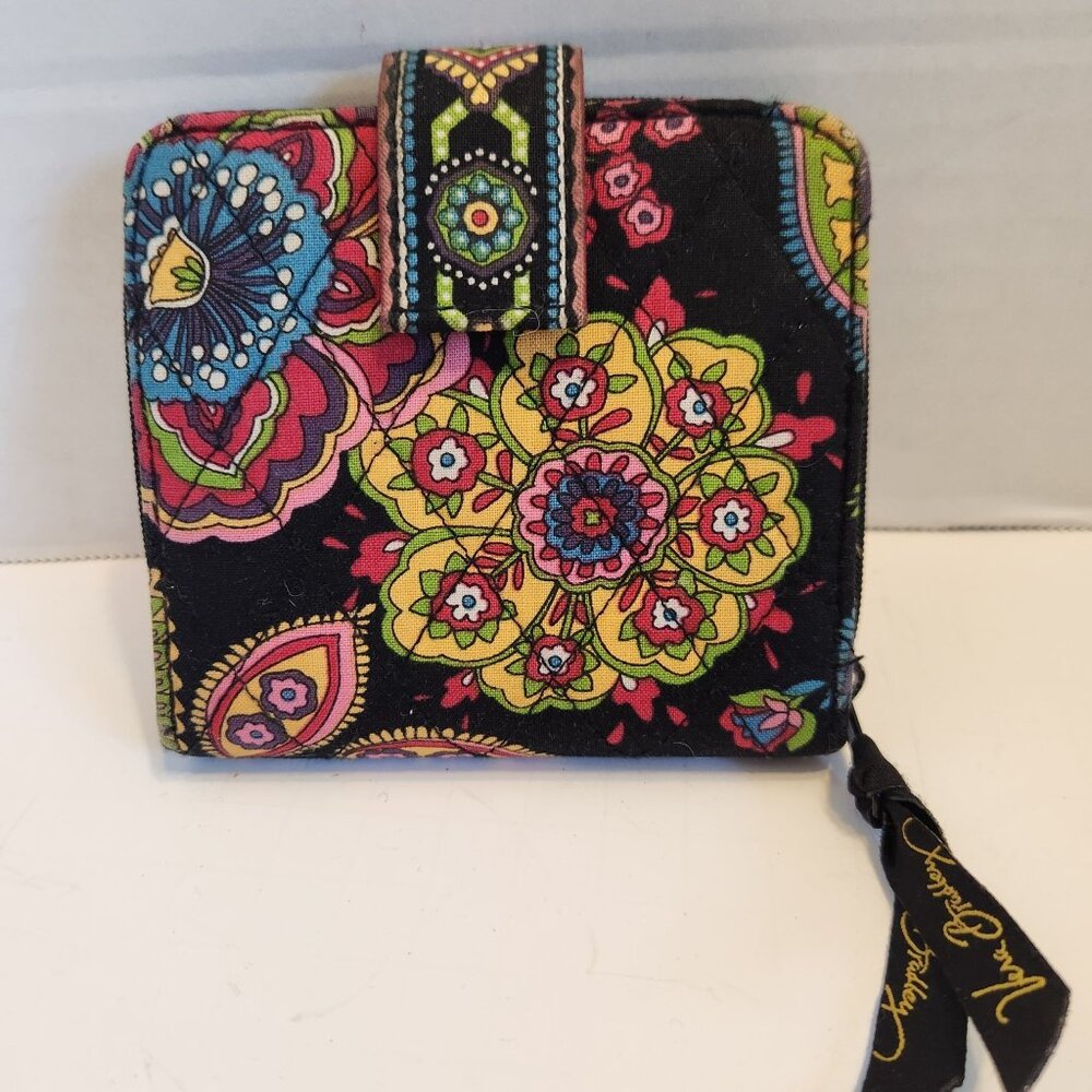 Vera Bradley Cotton Compact Wallet With Colorful Floral Paisley Design Zip Closu